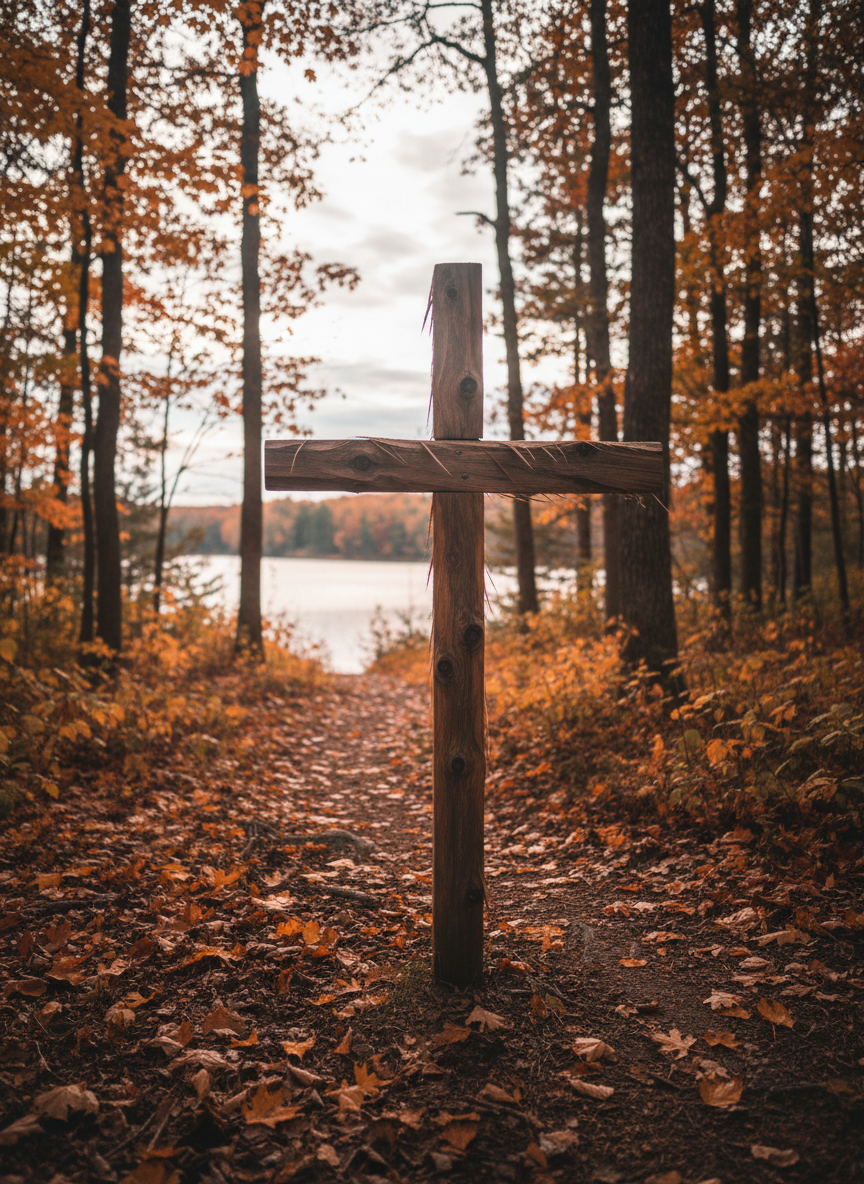 A simple wooden cross, carved from rough cedar with visible knots and fibers, stands at the crest of a winding forest trail. Around it, autumn leaves in deep amber and burgundy blanket the path, and a distant lake glints through the trees. Soft overcast light filters through the canopy, creating a diffused, peaceful glow with subtle highlights along the cross’s edges. Captured from a low-angle perspective, the cross is centered against the sky, giving it quiet prominence. The composition follows the rule of thirds with the trail leading the eye upward, conveying the incarnation and sacrificial love of Christ in realistic, contemplative photographic style.
