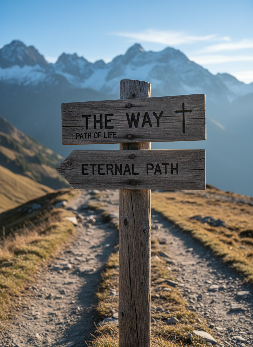 A weathered wooden trail sign at a mountain pass, its grain rich with texture and a small engraved cross subtly carved into the corner, stands at the intersection of two narrow dirt paths. Snow-dusted peaks rise in the distance under a crisp blue sky. Soft golden hour sunlight pours from the right, illuminating the sign’s edges and casting long, contemplative shadows across the rocky ground. Shot at eye level with a shallow depth of field so the sign is in sharp focus and the mountains fall into a gentle blur. The mood is reverent and hopeful, suggesting Christ as the way, in clean photographic realism for a professional Christian blog.